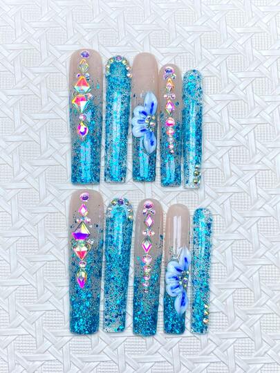 10 piezas Uñas postizas extra largas de estilo Y2K de cobertura total, hechas a mano con decoración de cristales brillantes en 3D, perfectas para bodas, fiestas, San Valentín, cumpleaños, regalos de Navidad. Incluye 1 pieza de gel de gelatina/1 pieza de tiras de frotamiento mini, set de uñas postizas desmontables, adecuado para damas y niñas para fiestas y uso diario, productos para uñas