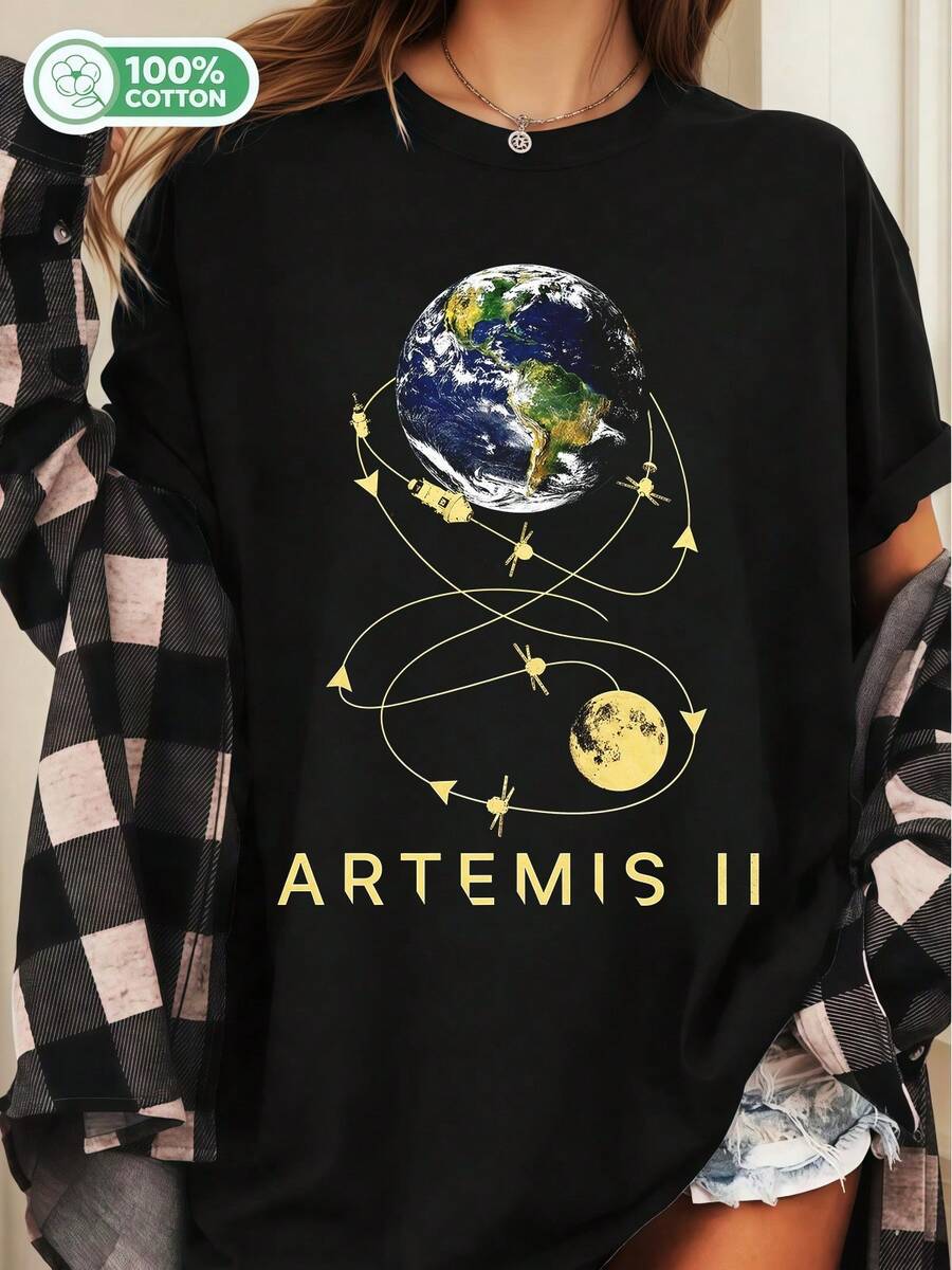 Vintage  Artemis II Moon Mission 100% Cotton Unisex Short Sleeve Space Graphic Tee Streetwear - Black - View 1