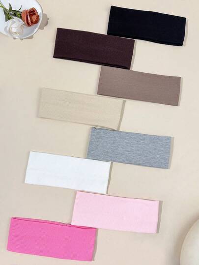 8条装纯色女士多功能透气吸汗运动头带，适合健身房锻炼、跑步和日常出行。纯色运动头带，咖啡色，适合瑜伽、跑步、普拉提和其他运动。吸汗、透气、高弹。