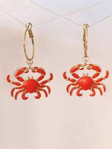 1 Pair New Summer Vacation Ocean Style Women's Hoop Earrings, Fashion Bohemian Marine Life Series Red Enamel Lobster & Crab Personalized Hoops, Versatile For Daily, Beach Party, Holiday Gift - 橘紅色 - 查看 2