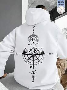 1item,Men's Cotton Tops,With The Sun,Clouds And Mountain Pattern,Simple And Loose-Fitting Men's Hooded Sweatshirt,Long Sleeve. - 白色 - 查看 5