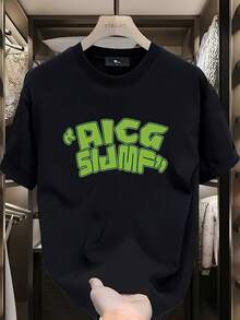 Retro "AICG SIJMF" Neon Green Graffiti Letter Graphic Print Short Sleeve T-Shirt, Casual Loose Crew Neck Cotton Tee, Summer Streetwear Casual Top For Daily Wear - Black - View 2