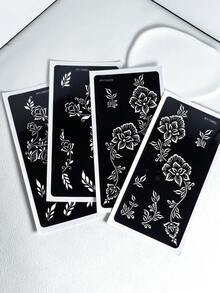 4 Sheets Floral Temporary Tattoo Stencils For Women | Self-Adhesive, Reusable, Flower Designs, Left And Right Hands Kit, Glitter And Ink Body Paint, DIY Tattoo Templates For Body Makeup, Mehndi Designs - Black - View 11