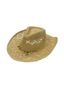 1 pieza Sombrero de paja de ala ancha vintage hueco y rizado, adecuado para primavera/verano, viajes al aire libre, vacaciones, playa, sombrero de vaquero de paja occidental tejido a mano y transpirable para hombres y mujeres, vacaciones, festivales - MZ3082+ML39 - Ver 20