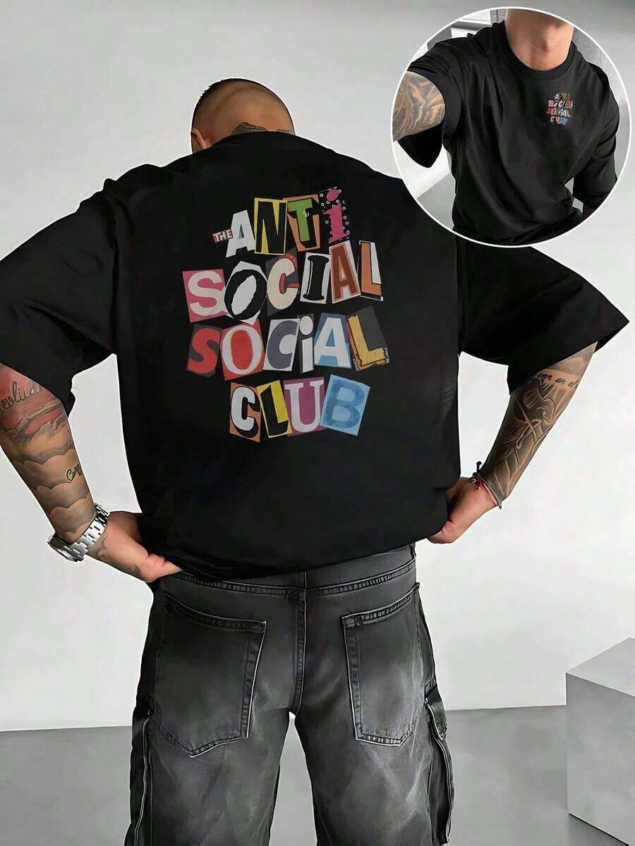 Men's Double-Sided Printed T-Shirt Colorful Anti Social Club Pattern, Comfortable, Stylish For - 黑色 - 查看 1