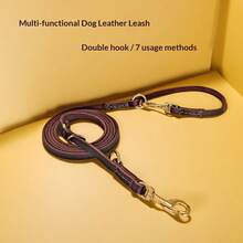7-In-1 Genuine Leather Dog Leash With Dual Copper Hooks, Versatile Lengths And Dual Dog Walking Options - Brown - View 6