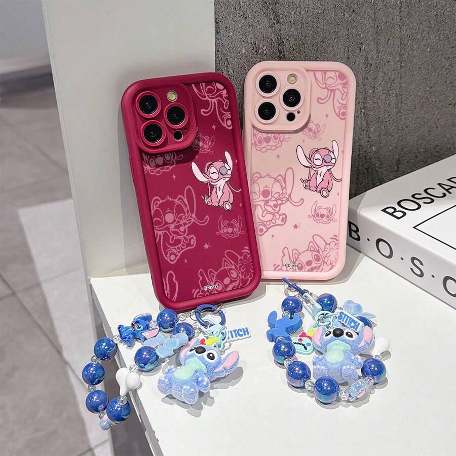 Disney Lilo & Stitch Angel Phone Case With Beaded Chain, Cute Angel Sketch Cartoon Print, Shockproof Soft Silicone Case With Stitch Plush Doll Wrist Strap, Disney Lilo & Stitch Phone Cover For IPhone 17, 16, 15, 14, 13, 12, And 11 Pro,Galaxy S22 ,S23,S24,S25 Models. Made Of Durable TPU With Shockproof Protection. A Fun Gift For Family, Friends, Birthdays, Holidays, And Special Occasions. - 粉色 - 查看 1