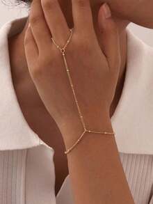 1pc Minimalist Fashion Metal Beads Chain Link Finger Ring Bracelet (Handmade Chain Cut To Appropriate Size, Random Bead Quantity) - Gold 3 - View 1