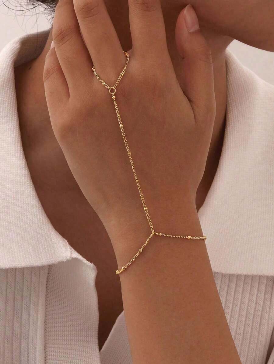 1pc Minimalist Fashion Metal Beads Chain Link Finger Ring Bracelet (Handmade Chain Cut To Appropriate Size, Random Bead Quantity) - Gold 3 - View 1