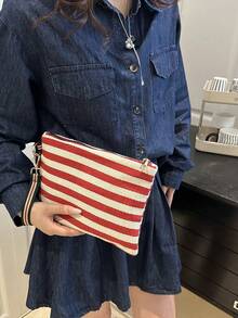 Casual Striped Zipper Clutch Bag - Burgundy - View 7