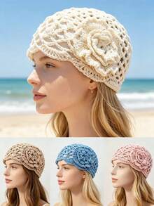 1 pieza Gorro de mujer de punto transpirable con estampado floral versátil, minimalista con acento de lentejuelas, gorra de unicolor - multicolor - Ver 8