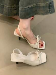 Giày sandal cao gót quai ngang thắt nơ mới, kiểu dáng thanh lịch hở mũi vuông cho mùa hè. - Màu be - Xem 1