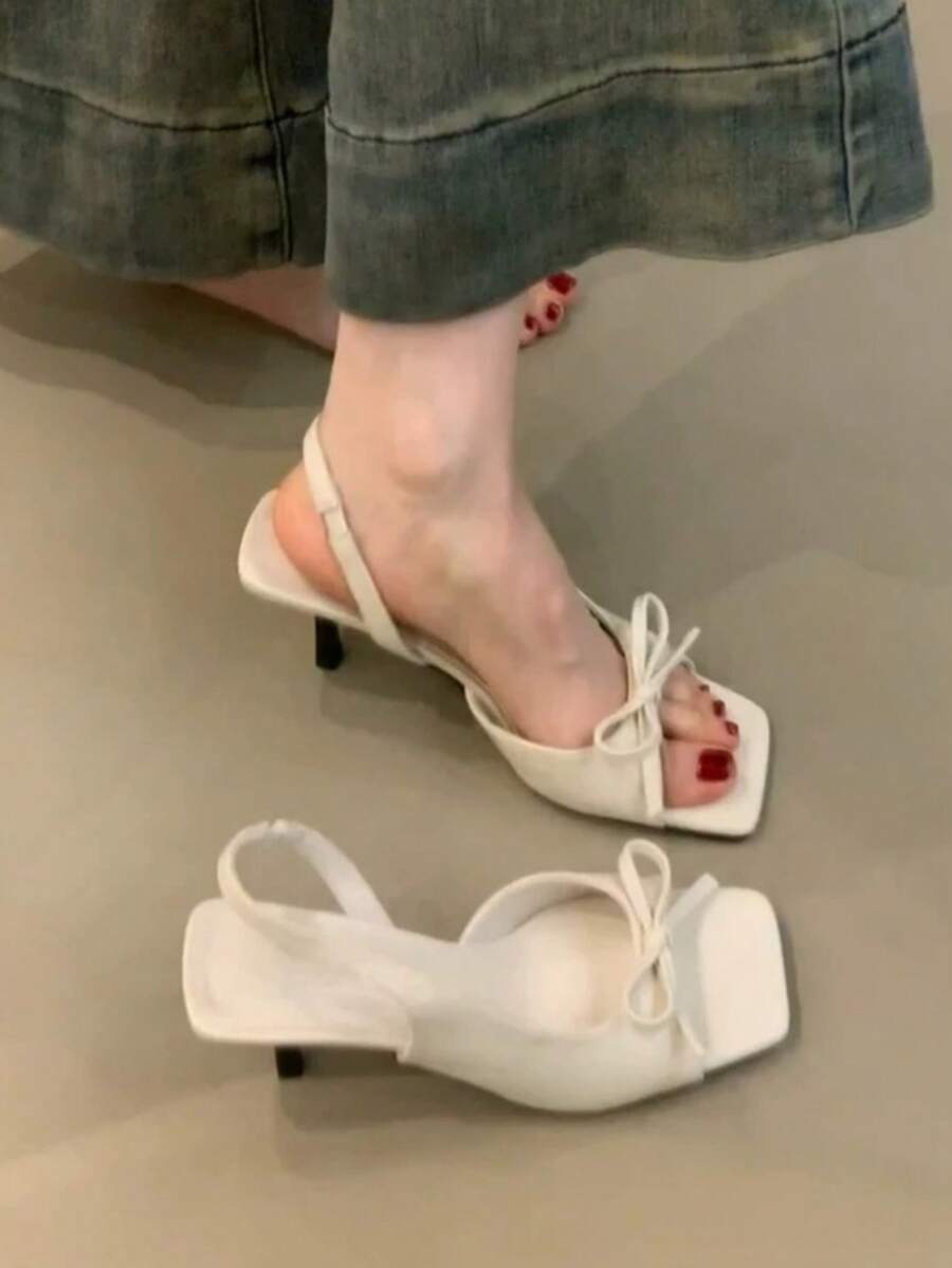 Giày sandal cao gót quai ngang thắt nơ mới, kiểu dáng thanh lịch hở mũi vuông cho mùa hè. - Màu be - Xem 1