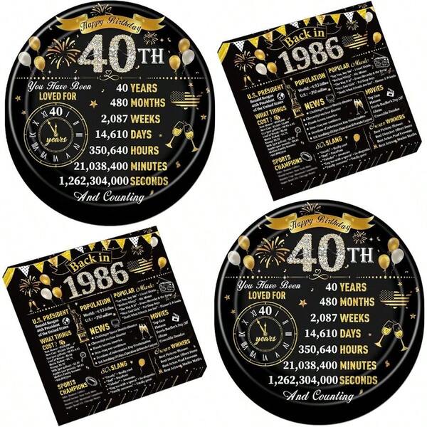 40th Birthday Decorations Women Men, 50PCS Back In 1986 Birthday Party Plates And Napkins Supplies, Black Gold Bday Disposable Party Tableware Decor (25 Guests)