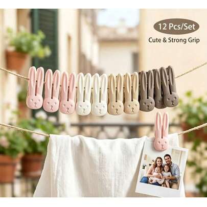 12 stuks dikke, winddichte wasknijpers in de vorm van een konijn voor gebruik binnenshuis, op het balkon, in de slaapzaal of wasruimte. Perfecte fotoklemmen, kledingklemmen, decoratieve klemmen voor knutselprojecten. Duurzame houten wasknijpers met lentethema voor het ophangen van kleding en het organiseren van spullen.