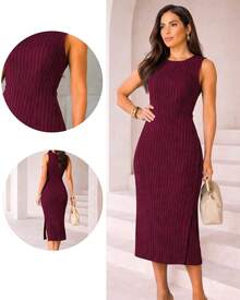 Classic Long Black Dress With A Round Neck, Pockets, And An Elegant Slit Design. - Wine With a Stripe - View 1