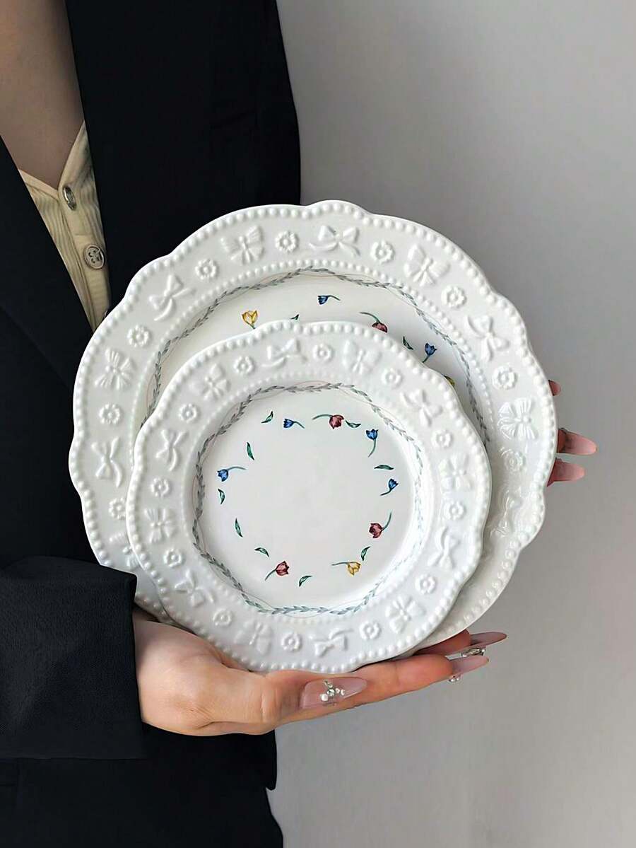 1件/2件裝 花朵與蝴蝶陶瓷餐盤套組，復古浮雕花卉手工陶瓷盤，大容量 6-8 吋，適用西餐、義大利麵、攝影、宴會餐盤，可洗碗機、微波爐使用，商業用途