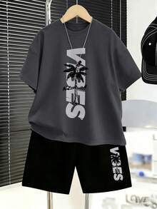 Teenager Boys' Comfortable Casual Set, Including Round Neck Letter & Palm Tree Print T-Shirt + Shorts, Summer - Multicolor - View 1