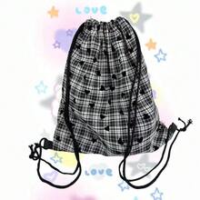 Mochila con cordón estilo uniforme a cuadros JK, mochila versátil y linda con estilo escolar, bolsa de lona unisex - Multicolor - Ver 2