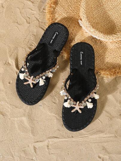 Evertop Surf Women's Flip Flops With Natural Pearl, Bella Grass Tassel & Diamond Decor Chain, Soft Sole Comfortable Thong Sandals For Beach Vacation