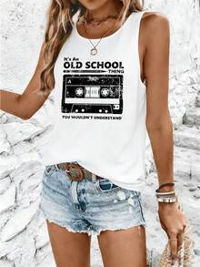 Women's It's An Old School Thing Cassette Tape Graphic Racerback Tank Top, 180G Vest Casual Summer Top, Vintage Mixtape Tees, Vacation Outfits, Summer - 白色11 - 查看 2