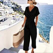 A Set Of Fashionable Multi-Color Jumpsuit Women's V-Neck Twisted Nine Inch Wide Leg Commuting Vacation Jumpsuit - 卡其色 - 查看 3