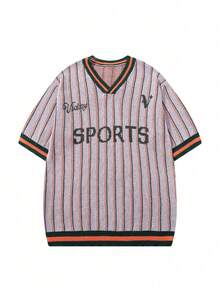 Spring/Summer Men's Unisex V-Neck Knit Striped Casual Commute Street Short Sleeve Pullover T-Shirt - Orange - View 4