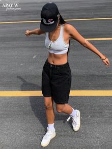 Women's Solid Color Bermuda Denim Shorts Casual Black Summer - Black - View 7