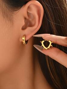 1 par de pendientes de aro con remache en forma de corazón de acero inoxidable, de uso diario versátil y de moda para mujeres - multicolor - Ver 1