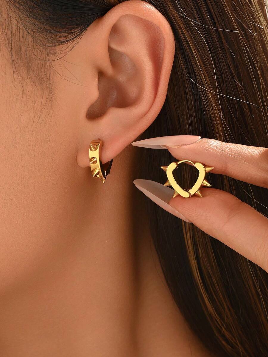 1 par de pendientes de aro con remache en forma de corazón de acero inoxidable, de uso diario versátil y de moda para mujeres - multicolor - Ver 1