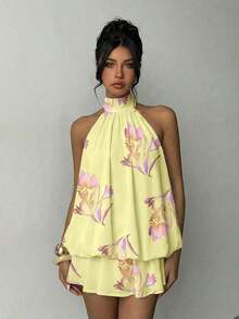 MEXAloruh Vestido mini elegante de mujer con cuello halter y lazo en color amarilloMEX KMN1 - Multicolor 2 - Ver 6