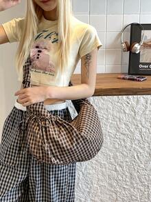 Bolso de hombro y bandolera multifuncional de diseño único de moda, de alta calidad, a cuadros, con cordón y forma de empanadilla, para uso diario y desplazamientos - Marrón - Ver 3