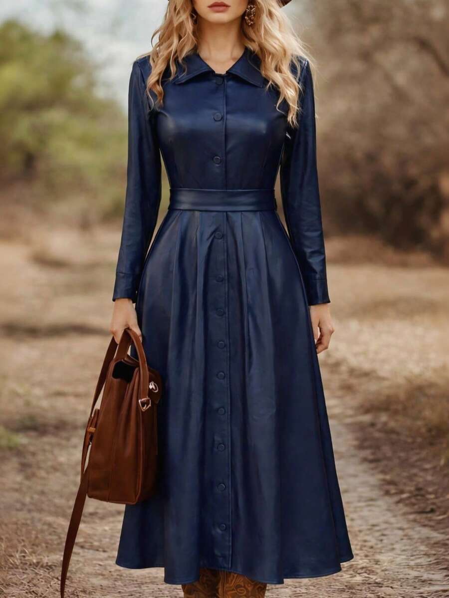 Vestido largo elegante, vestido de trinchera de mujer de unicolor de manga larga con un solo botonadura y cinturón, sin bolsillos, adecuado para fiestas y vacaciones - Azul Marino - Ver 1