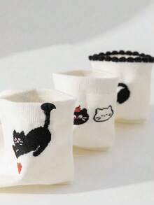 5双装女士卡通猫咪短袜，时尚蕾丝边休闲袜，轻薄透气春夏袜 - 彩色 - 查看 5