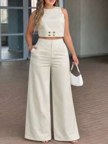 两件套女士纯色宽松无袖圆领阔腿裤套装 | 春夏休闲弹力腰直筒裤套装，舒适百搭，适合工作场合，尽显奢华格调 - 杏色 - 查看 7