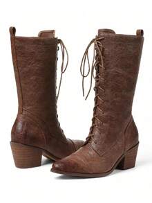 Women's Easter Leather Brown Mid Calf Boots Lace Up Chunky Heel Vintage Combat Heeled Dress Casual Boots Country Concert Combat Boots For Women - Brown - View 10