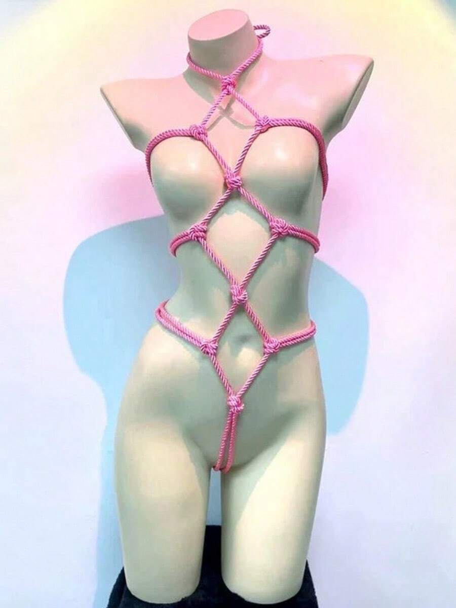Sexy Lingerie Set, Bondage Bodysuit, Rope Mesh Suit Set, No-Removal Bodysuit, Sexy And Hot Temptation Set-Valentine's Day - 黑色 - 查看 1