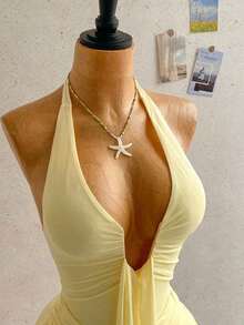 Vestido mini casual de vacaciones para mujer con escote en V profundo, cuello halter con lazo, y drapeado.Adecuado para la playa, cruceros y festivales de música en verano - Amarillo claro - Ver 3