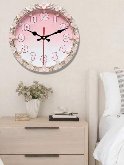 Đồng hồ treo tường 2D phẳng, 1 chiếc, đính hoa ngọc trai, đồng hồ thạch anh Thụy Sĩ tròn, chạy êm, thiết kế/mẫu mã, thích hợp trang trí phòng ngủ, phòng khách và văn phòng - 10/12 inch (không bao gồm pin AA) Quà tặng trang trí ngày Valentine