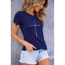 Women's Comfortable Cotton T-Shirt With Delicate Heart Cross Design - 藏蓝色 - 查看 2