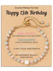 1pc Women's Natural Stone Bracelet, Containing Rose Quartz, Moonstone, And Aquamarine Healing Stones, Comes With Symbolic Card, Suitable As Friendship Gift Or For Christmas, Valentine's Day, New Semester - Multicolor - View 8
