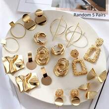 Set de 10 piezas de aretes geométricos dorados de estilo europeo y americano, surtido aleatorio - Amarillo Oro - Ver 1