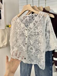 Wixra French Retro Lace Short Sleeve Blouse, Versatile Loose Fit Breathable Casual Top - White - View 7