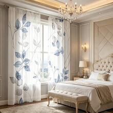 2 pièces Rideaux voile bleu-gris d'eucalyptus, rideaux transparents imprimés avec passants, doux et translucides pour une protection de l'intimité, convient pour la chambre à coucher, le salon, la décoration de la maison - Multicolore - Voir 1