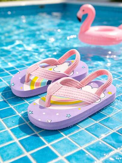 1 Pair Girls' Fashion Cute Rainbow, Star, Cloud Pattern Flip Flops, Pink Thong Strap, Lightweight Flat Sandals Suitable For Summer Daily, Beach, Pool, Home Wear (Random Pattern)