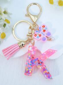 1pc Resin Letter Keychain With Butterfly & Pearl Decor, Minimalist Bag Charm, Holiday Gift For Women A-Z - Baby Pink - View 12