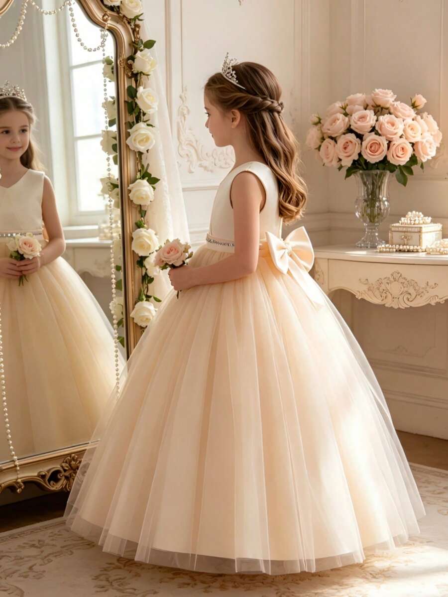 Đầm công chúa dài không tay cho bé gái, đính nơ lớn, thích hợp cho sinh nhật, trình diễn thời trang, đám cưới, tiệc Giáng sinh, biểu diễn. - Rượu sâm banh - Xem 1