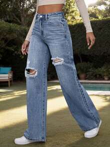 Pantalones Vaqueros Mujer, Jeans Holgados con Rotos Estilizados, Comodidad Total para Ciudad y Moda Juvenil, Jeans casuales y versátiles de pierna ancha para todos los días - Azul - Ver 5