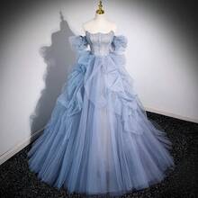 Off-The-Shoulder Evening Dress 2026, Haze Blue, Piano Recital, Coming-Of-Age Ceremony, Wedding Dress, Solo Vocal Performance, Blue Tulle Dress, Art Exam - 霧霾藍 - 查看 2