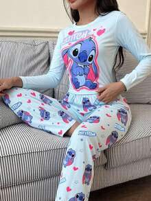 Disney 2pcs Stitch Print Women's Long T-Shirt And Pants Set, Cute Heart Stitch Pattern, Full Print, Stretchy Skin-Friendly Comfortable Casual Suitable For Spring And Autumn - Blue - View 3